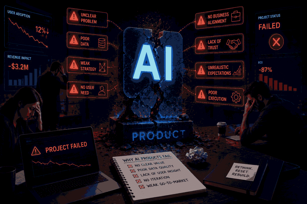 AI product failure illustration showing broken strategy, trust, and adoption challenges Illustration