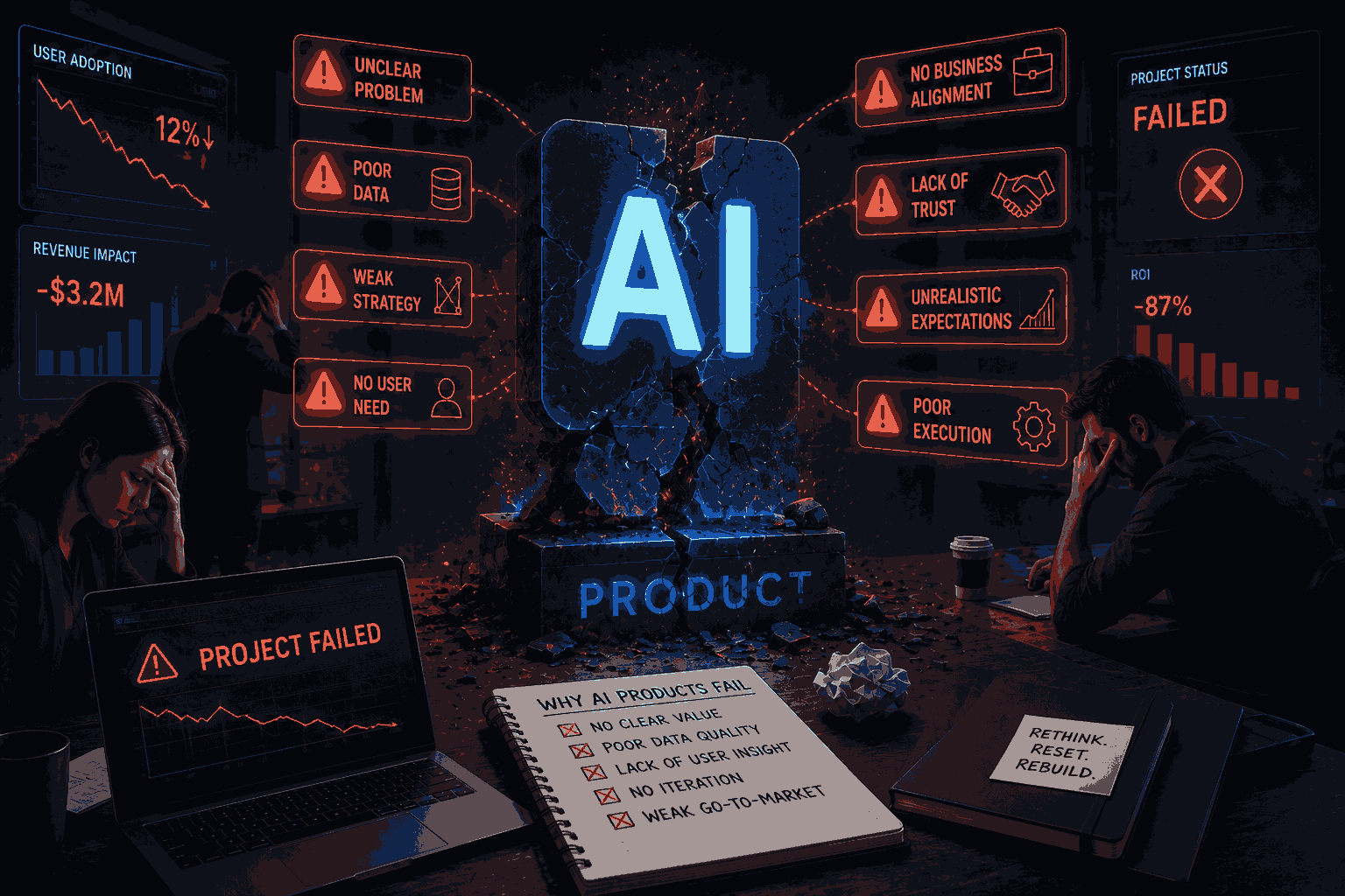 AI product failure illustration showing broken strategy, trust, and adoption challenges Illustration