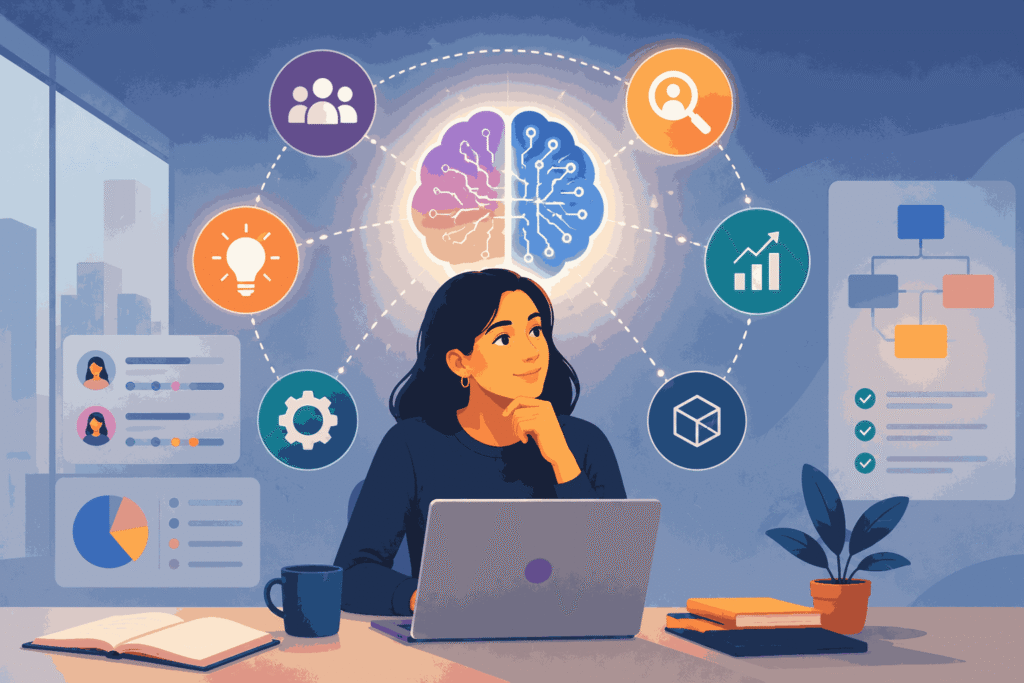 AI product manager applying judgement, strategy, and insight to drive outcomes Illustratiom