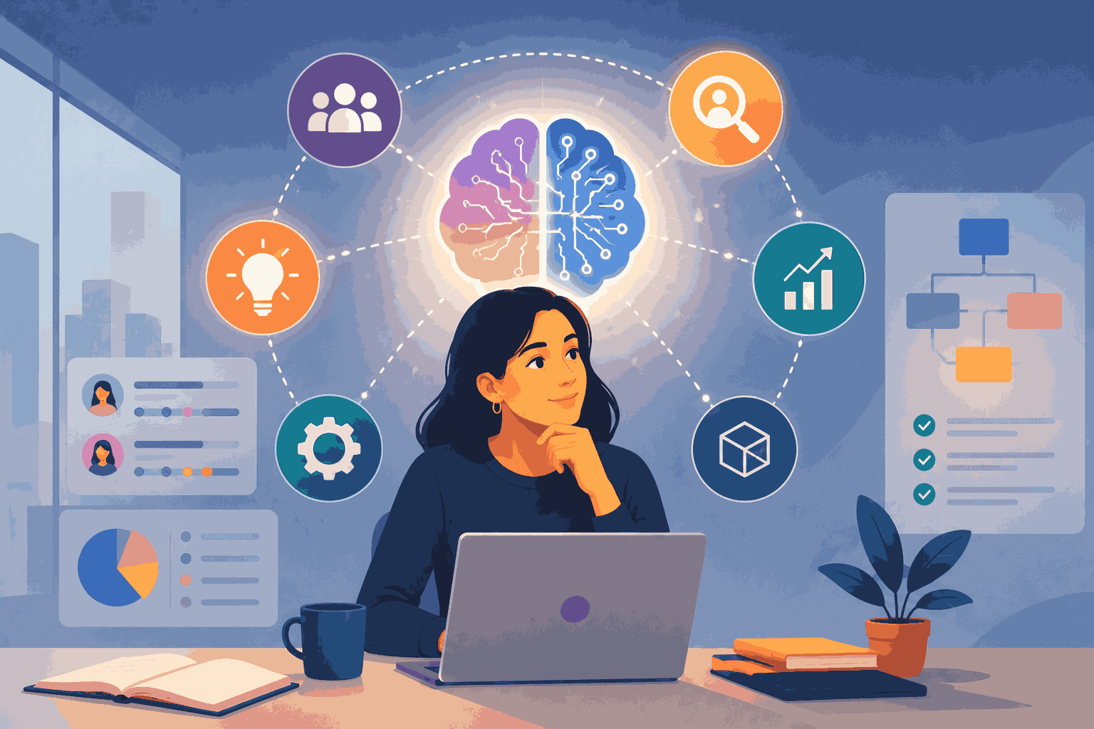 AI product manager applying judgement, strategy, and insight to drive outcomes Illustratiom