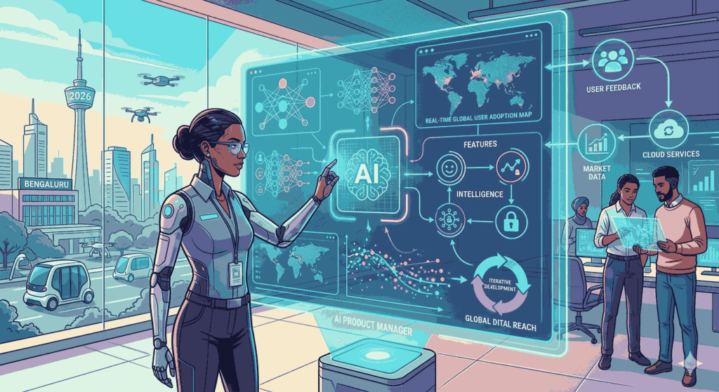 A female AI product manager interacting with holographic data visualizations in 2026.