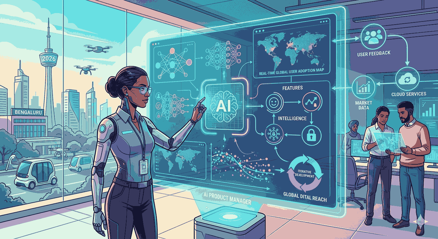 A female AI product manager interacting with holographic data visualizations in 2026.