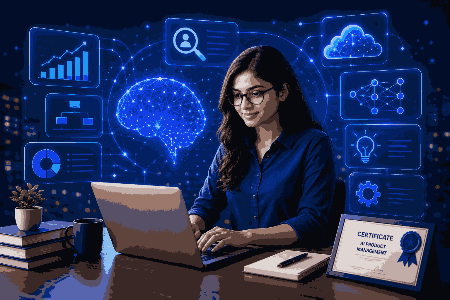 AI product manager working with analytics dashboard and certification Illustration