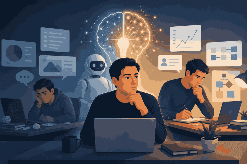 AI revealing the difference between reactive product managers and critical thinkers Illustration