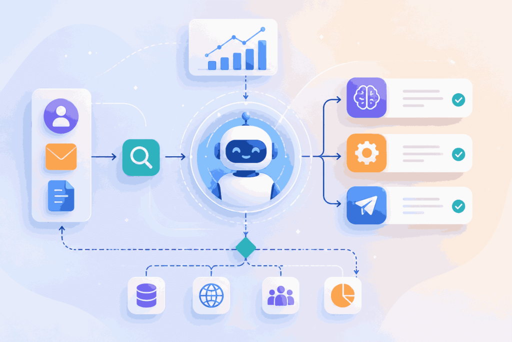 Agentic workflows explained with AI agents automating tasks and decisions Illustration