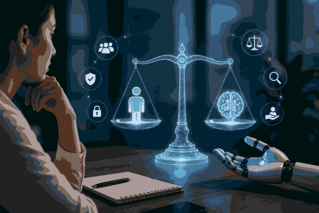 Balancing AI innovation with ethics, privacy, fairness, and human oversight Illustration