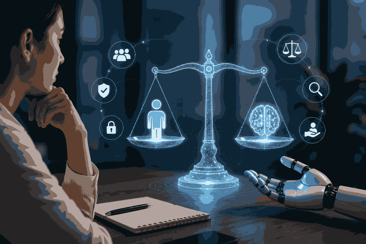 Balancing AI innovation with ethics, privacy, fairness, and human oversight Illustration