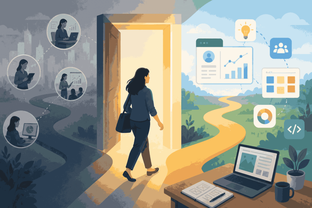 Career transition into product management using existing skills and growth pathways Illustration