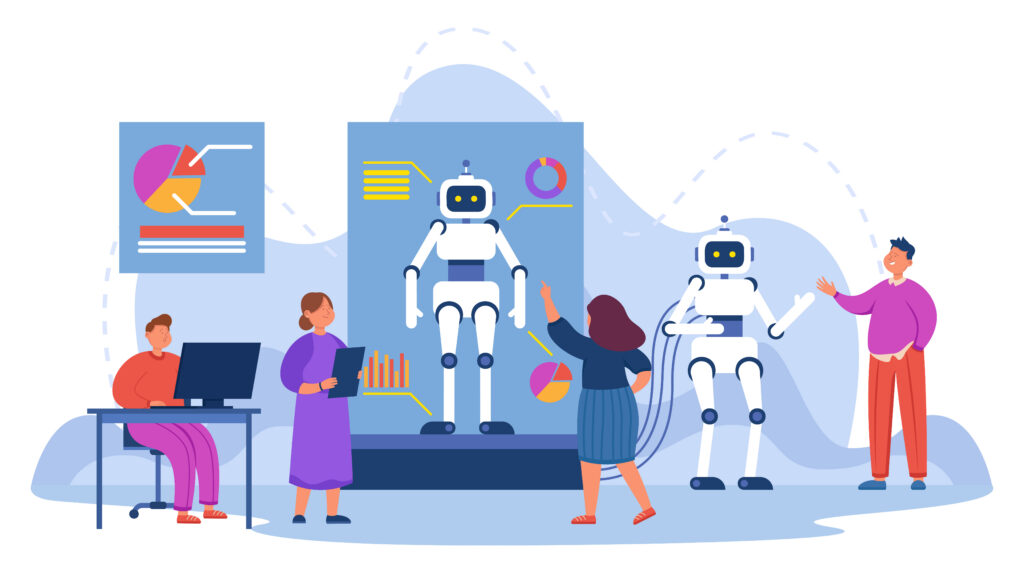 Cartoon tech team people creating robots in lab