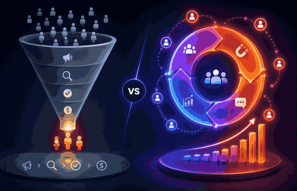 Comparison of growth loops and traditional funnels in modern product growth strategy
