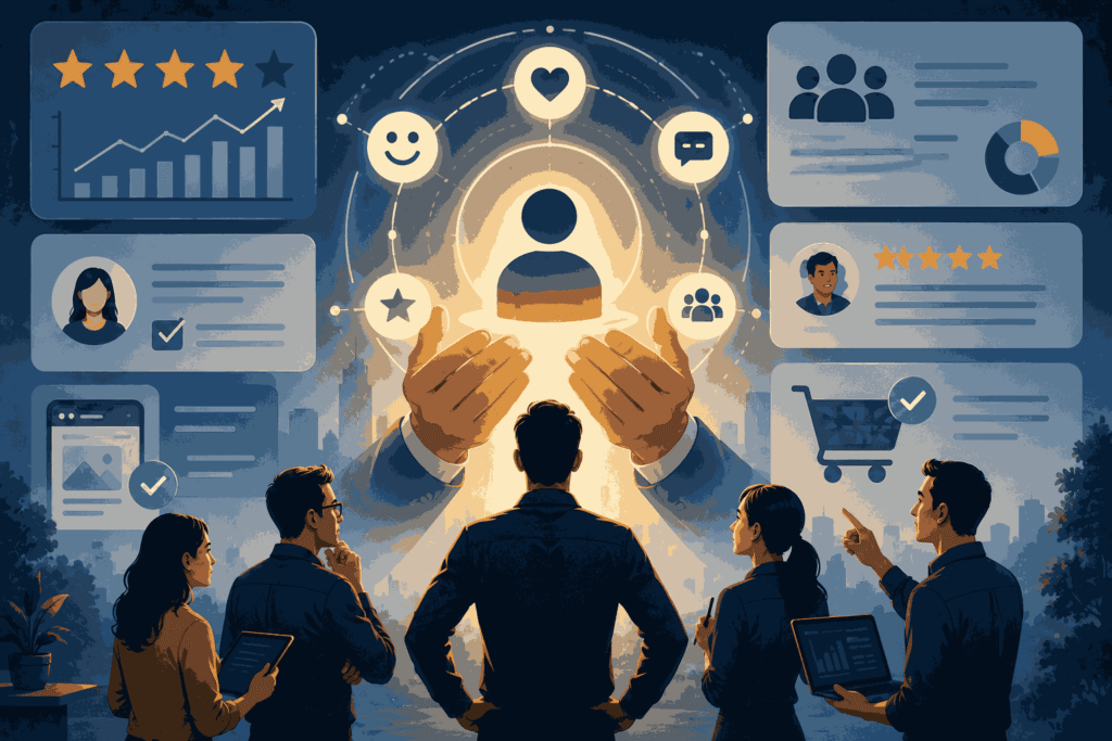 Customer-first strategy driving product growth, loyalty, and market success illustration