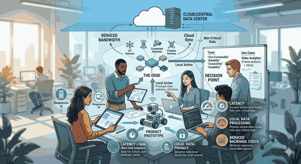 Edge computing workflow showing local processing, cloud sync, and product team collaboration Illustration