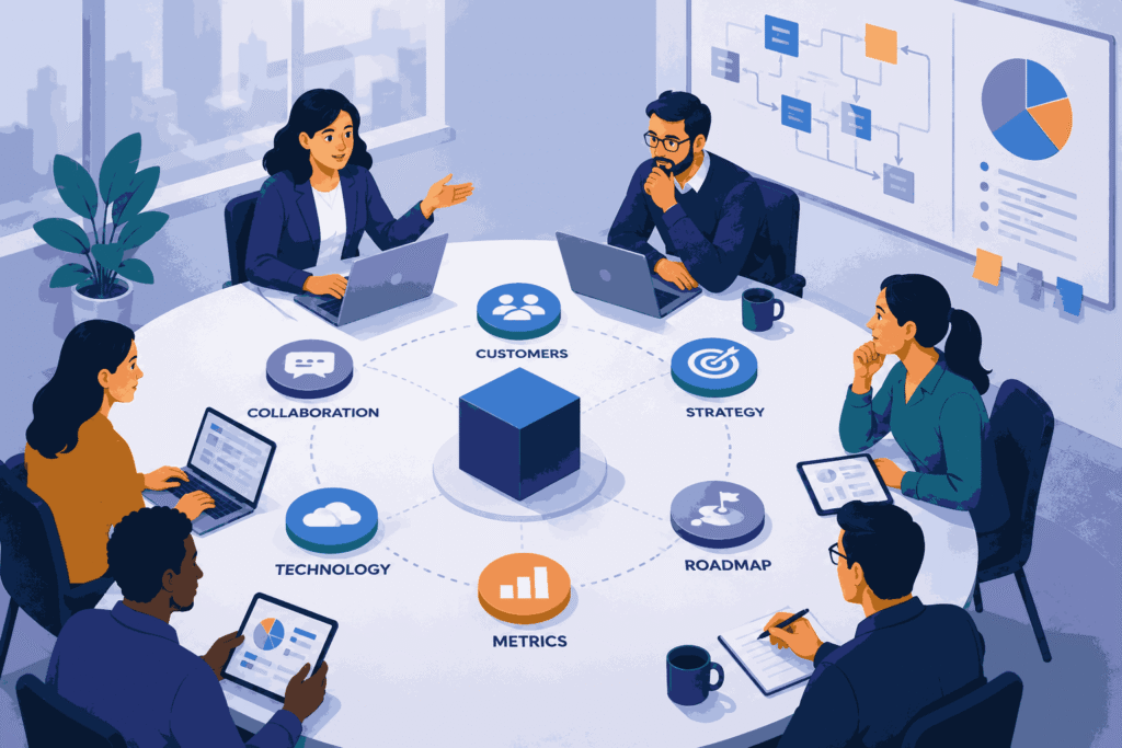 Enterprise product management team aligning strategy, roadmap and business goals Illustration