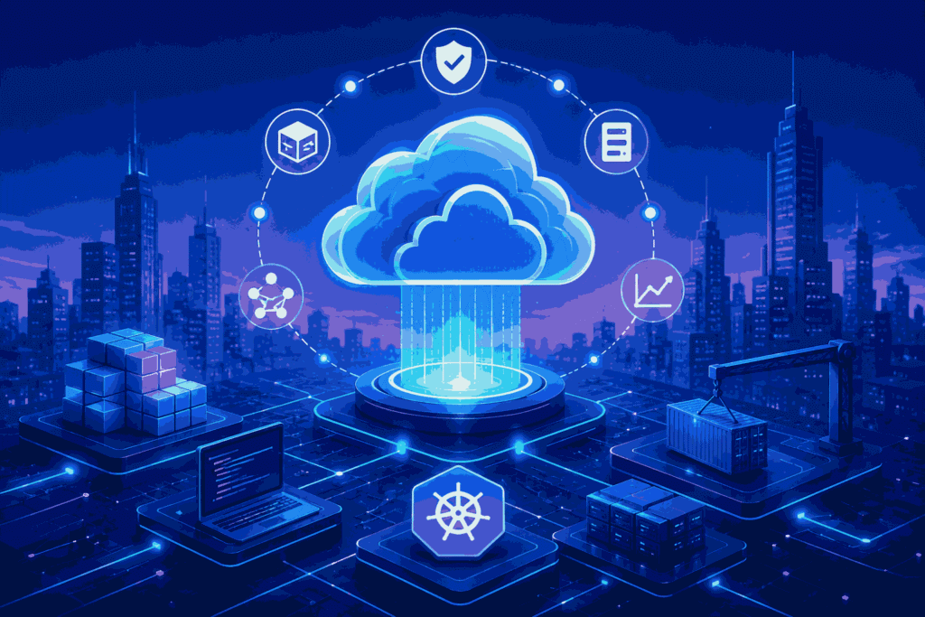 Future of cloud-native products with scalable cloud systems and modern architecture Illustration