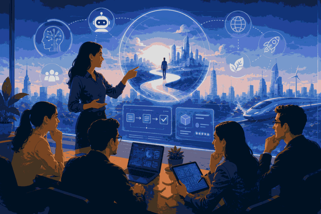 Future of product management driven by AI, innovation, and data-led decision making Illustration