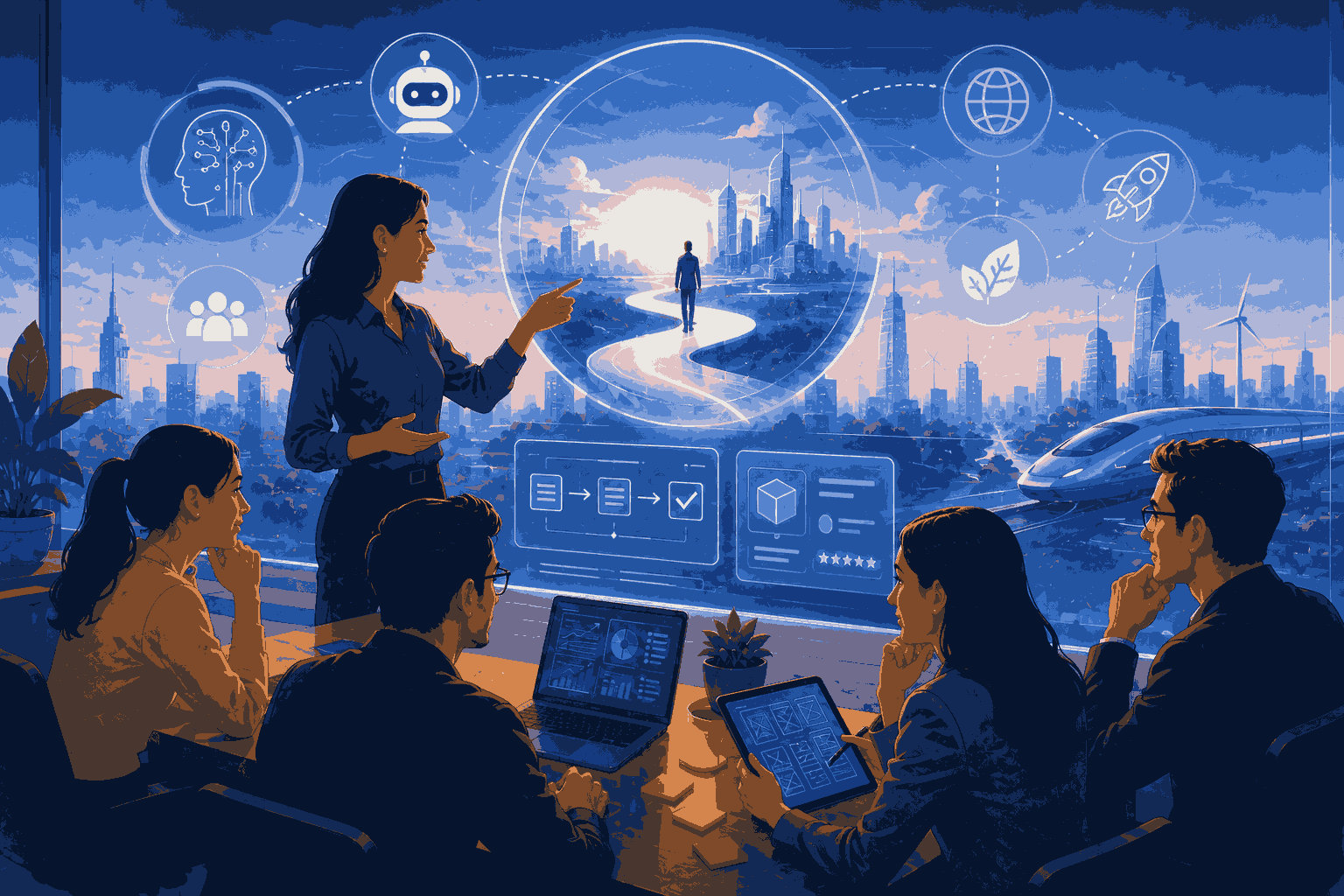 Future of product management driven by AI, innovation, and data-led decision making Illustration
