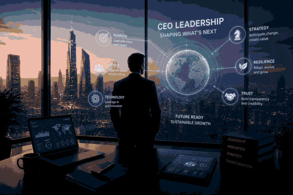 Futuristic CEO leading AI-driven business transformation and strategic growth Illustration