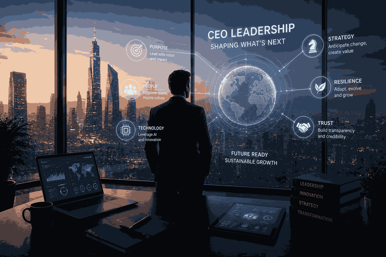 Futuristic CEO leading AI-driven business transformation and strategic growth Illustration