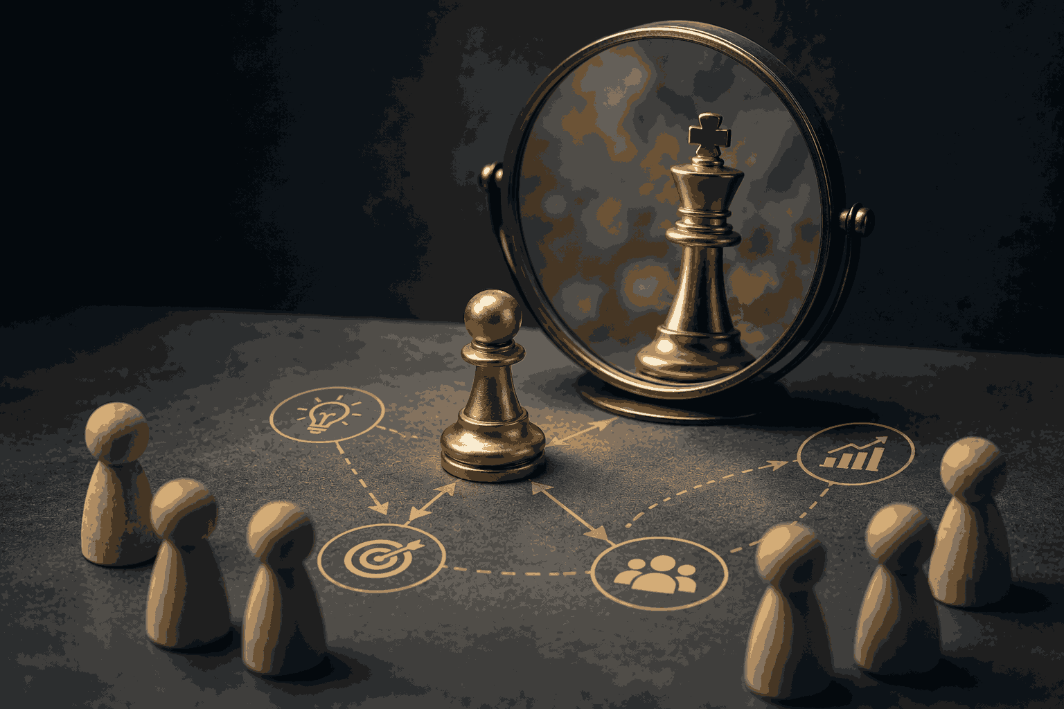 Golden chess pawn reflecting as king symbolizing growth into product leadership