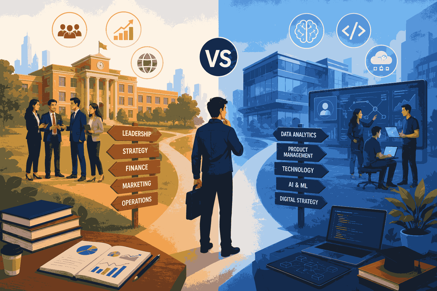 Illustration Comparison between traditional MBA and specialized tech MBA career paths and skills
