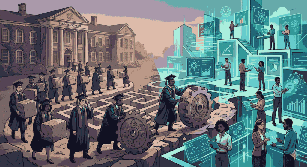 Illustration contrasting traditional business education with modern digital business practices