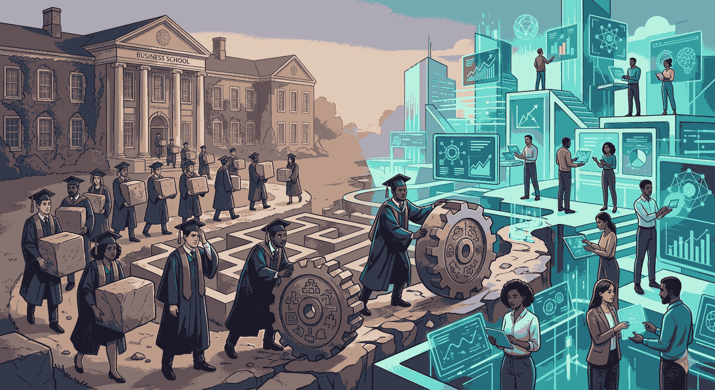 Illustration contrasting traditional business education with modern digital business practices