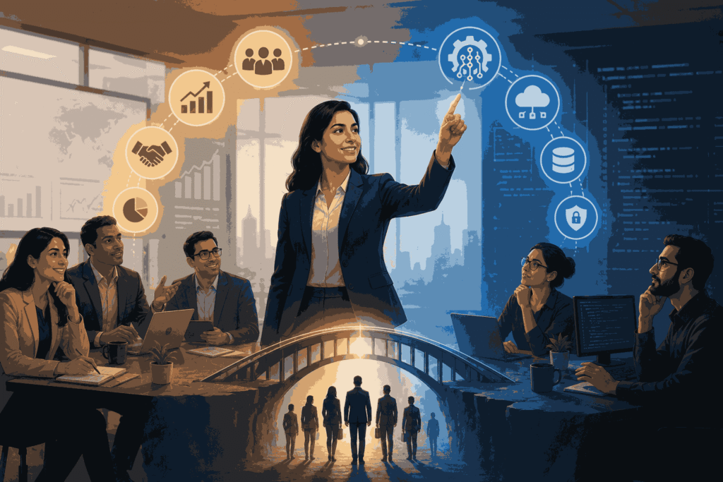Illustration of Business leaders using technology and data skills to drive innovation and growth