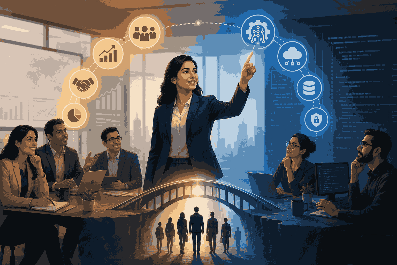 Illustration of Business leaders using technology and data skills to drive innovation and growth