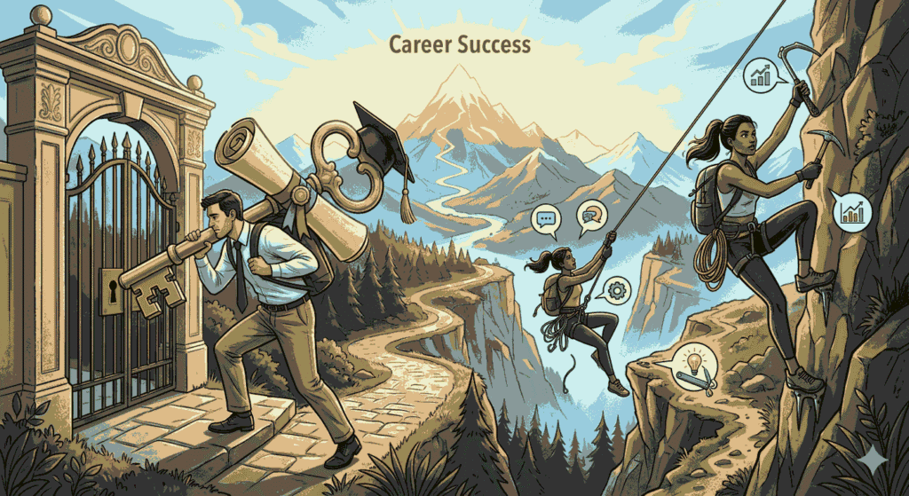 Illustration of a graduate at a gate next to climbers using skills to reach career success
