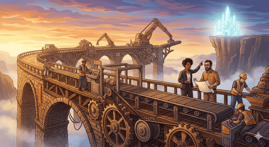Illustration of a winding stone bridge conveyor belt representing a product roadmap factory