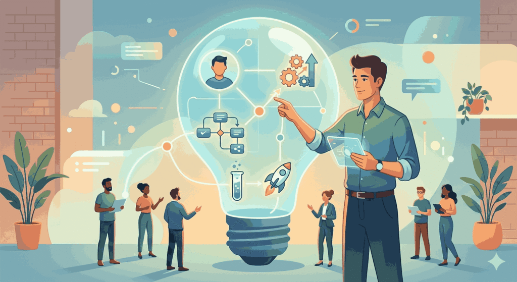 Illustration of product manager product strategy and user-centric icons