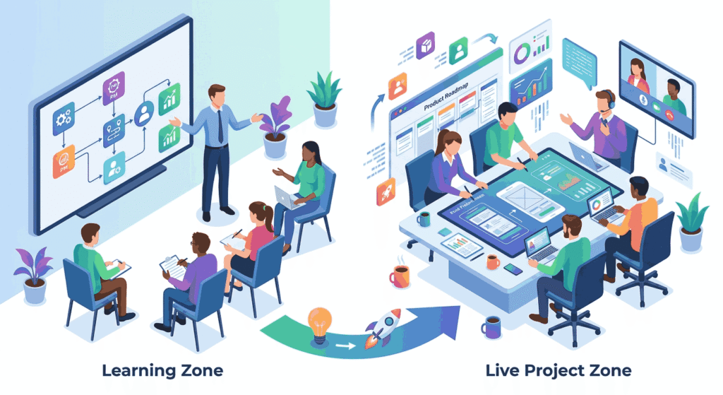 Isometric illustration of a PM course transitioning from classroom learning to a live project team