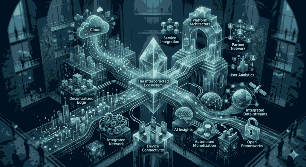 Isometric infographic of interconnected digital services and networks within a multistoried building