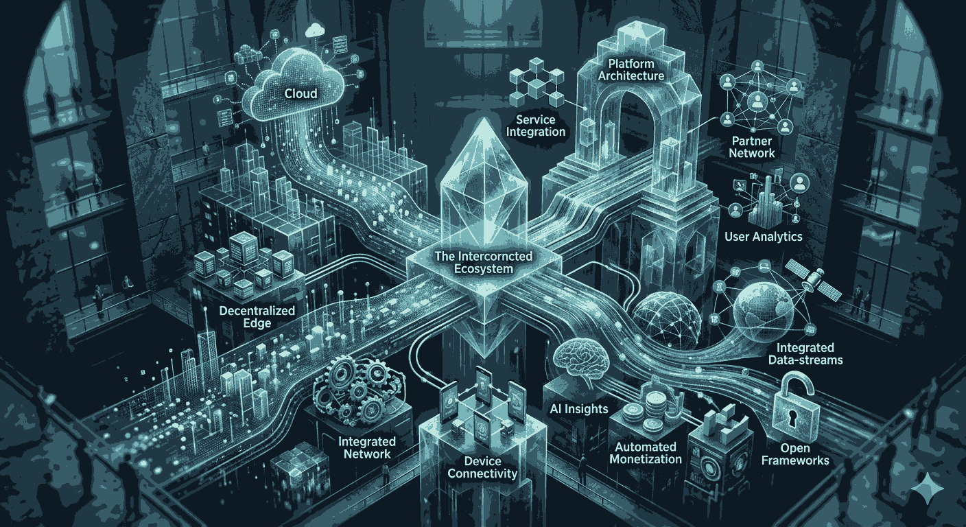 Isometric infographic of interconnected digital services and networks within a multistoried building