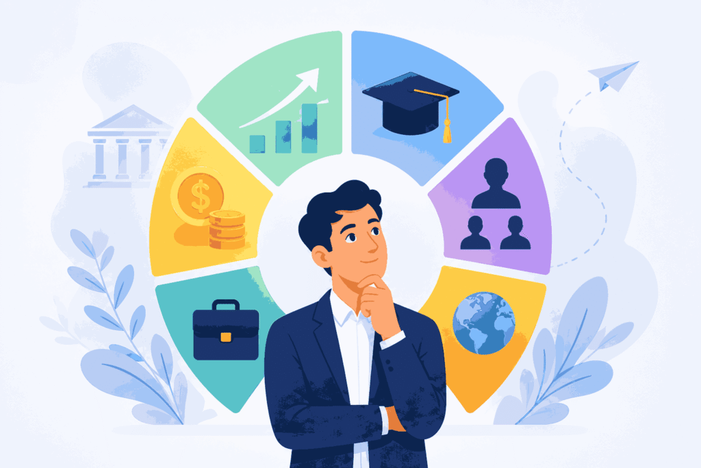 MBA decision factors for career growth, education investment and leadership goals Illustration