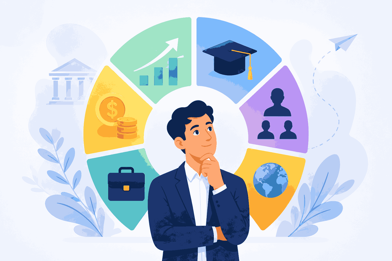 MBA decision factors for career growth, education investment and leadership goals Illustration