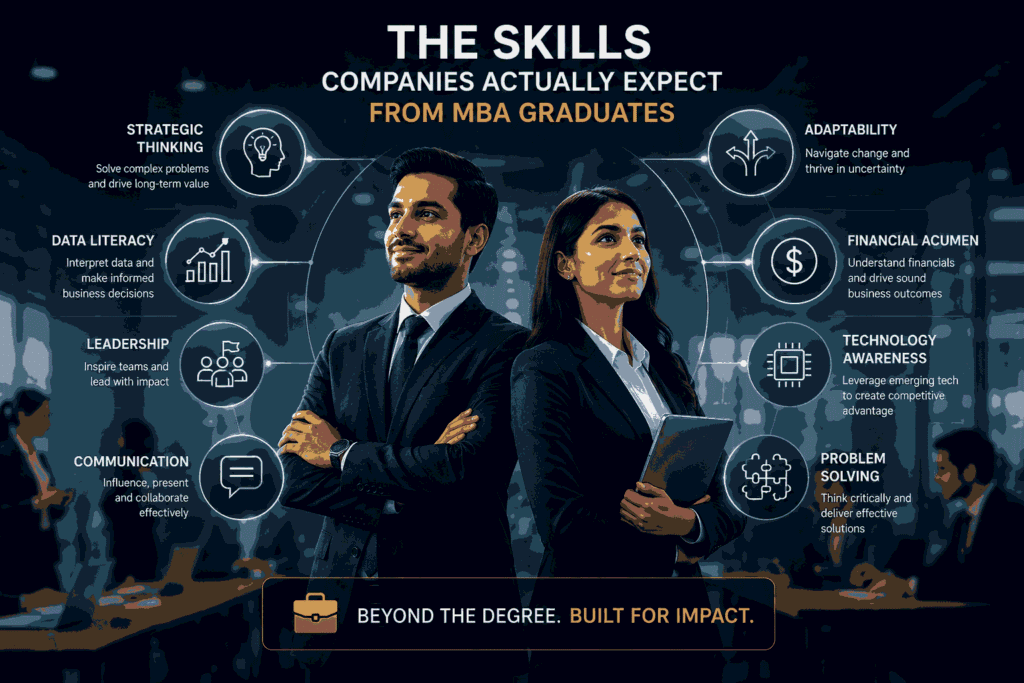 MBA graduates demonstrating leadership, strategy, communication, and business skills Illustration