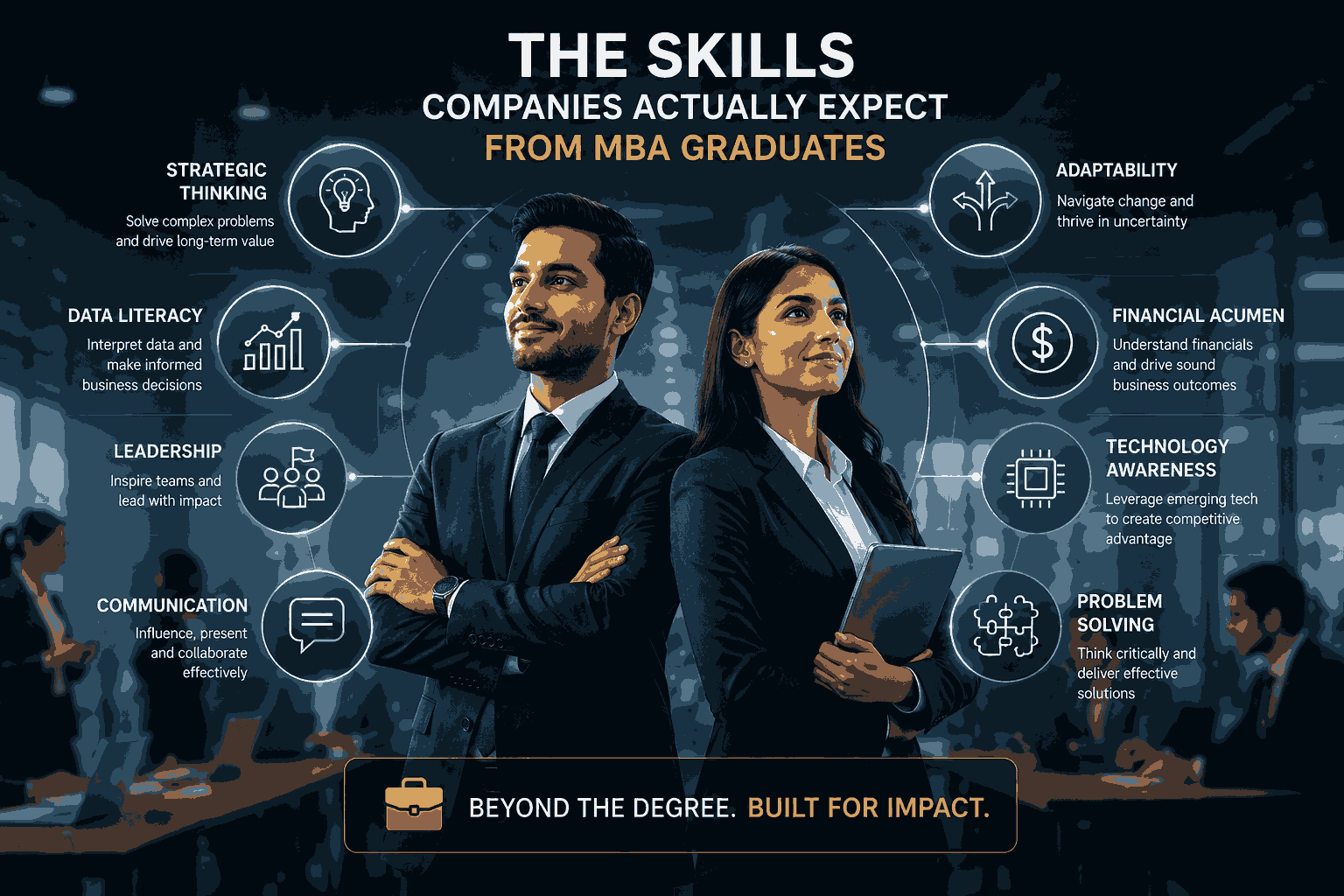 MBA graduates demonstrating leadership, strategy, communication, and business skills Illustration