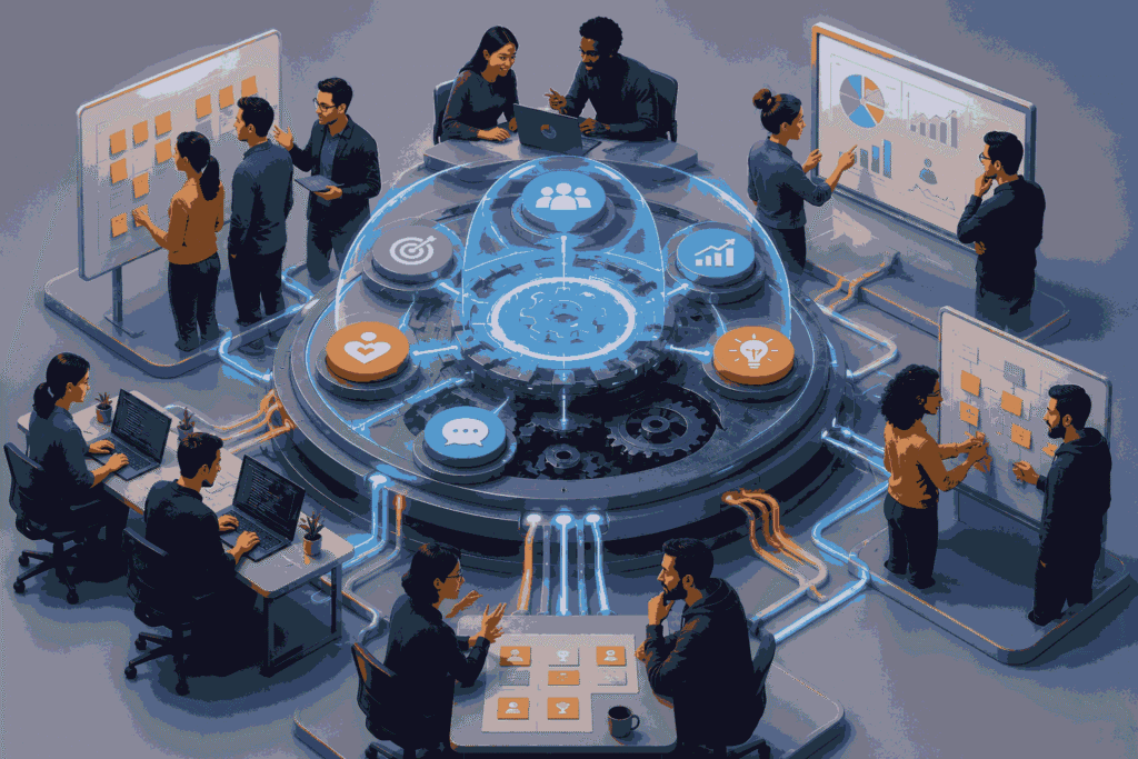 Operating system behind great product teams enabling alignment and execution Illustration