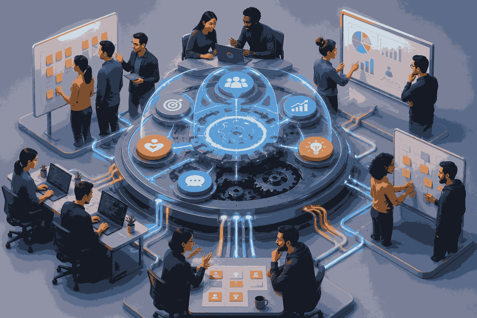 Operating system behind great product teams enabling alignment and execution Illustration