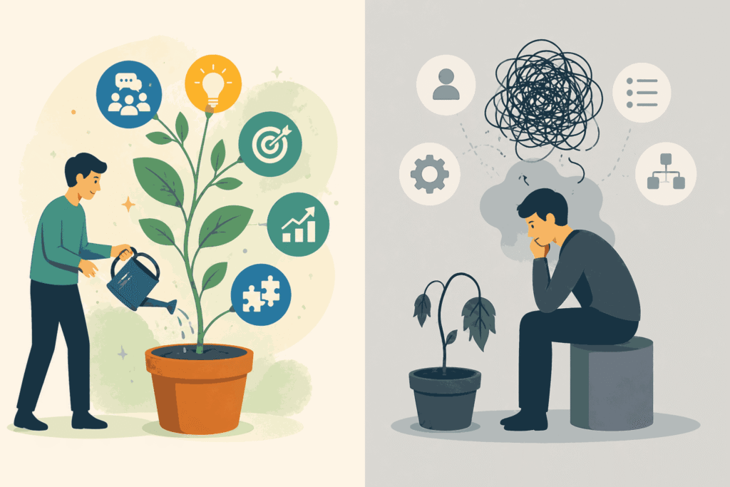 PM skill growth versus stagnation showing compounding abilities and declining career paths