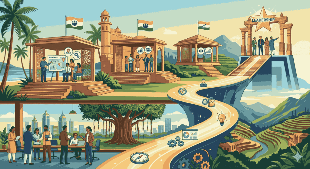 Illustration of a career path through Indian landscapes toward a product leadership