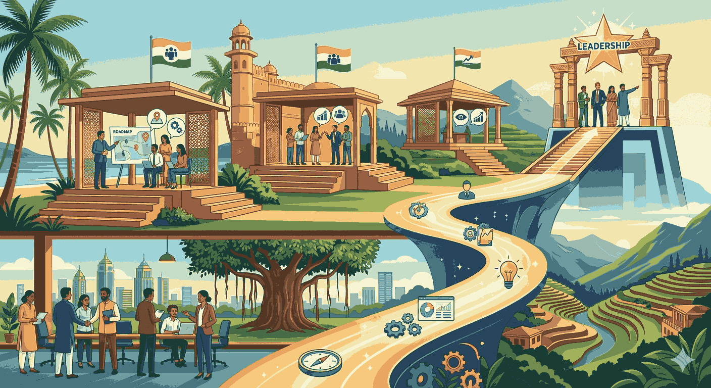 Illustration of a career path through Indian landscapes toward a product leadership