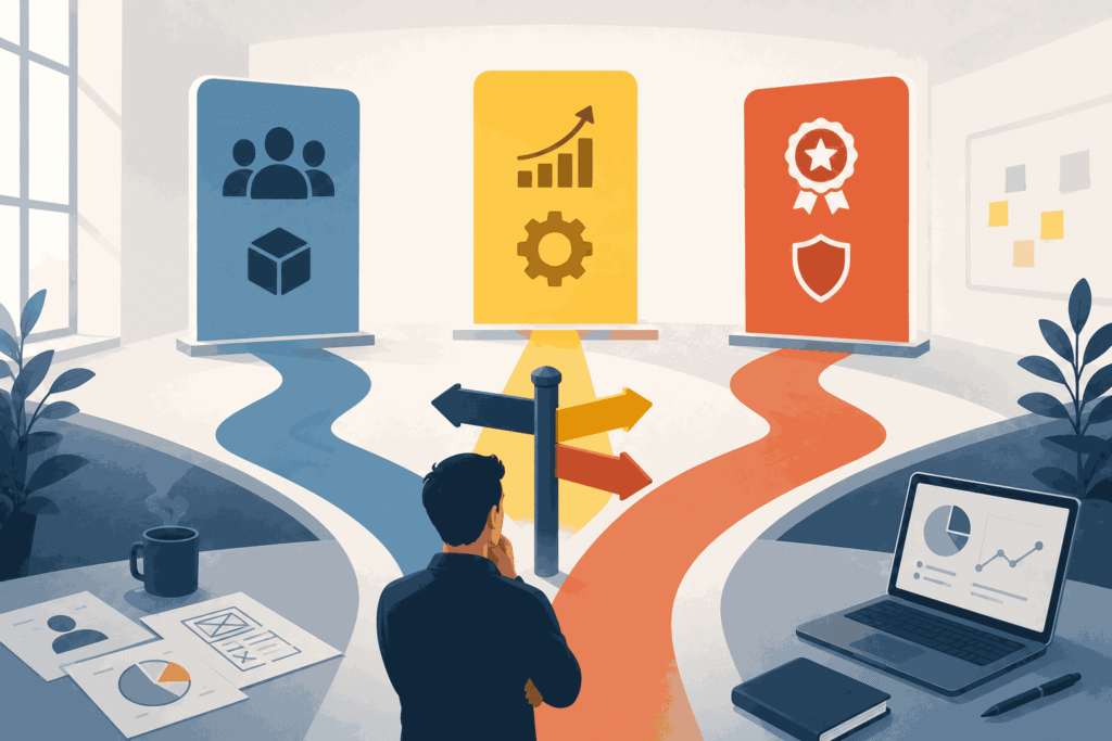Product decision-making illustration with strategy, user needs, and growth priorities paths