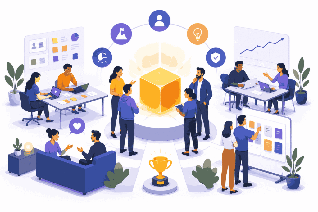 Product-driven culture empowering teams to innovate, collaborate, and outperform competitors Illustration