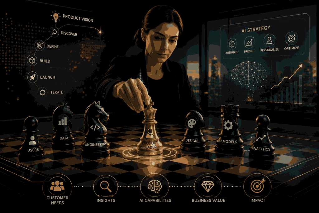 Product leadership for AI teams with strategy, innovation and smart decision making Illustration