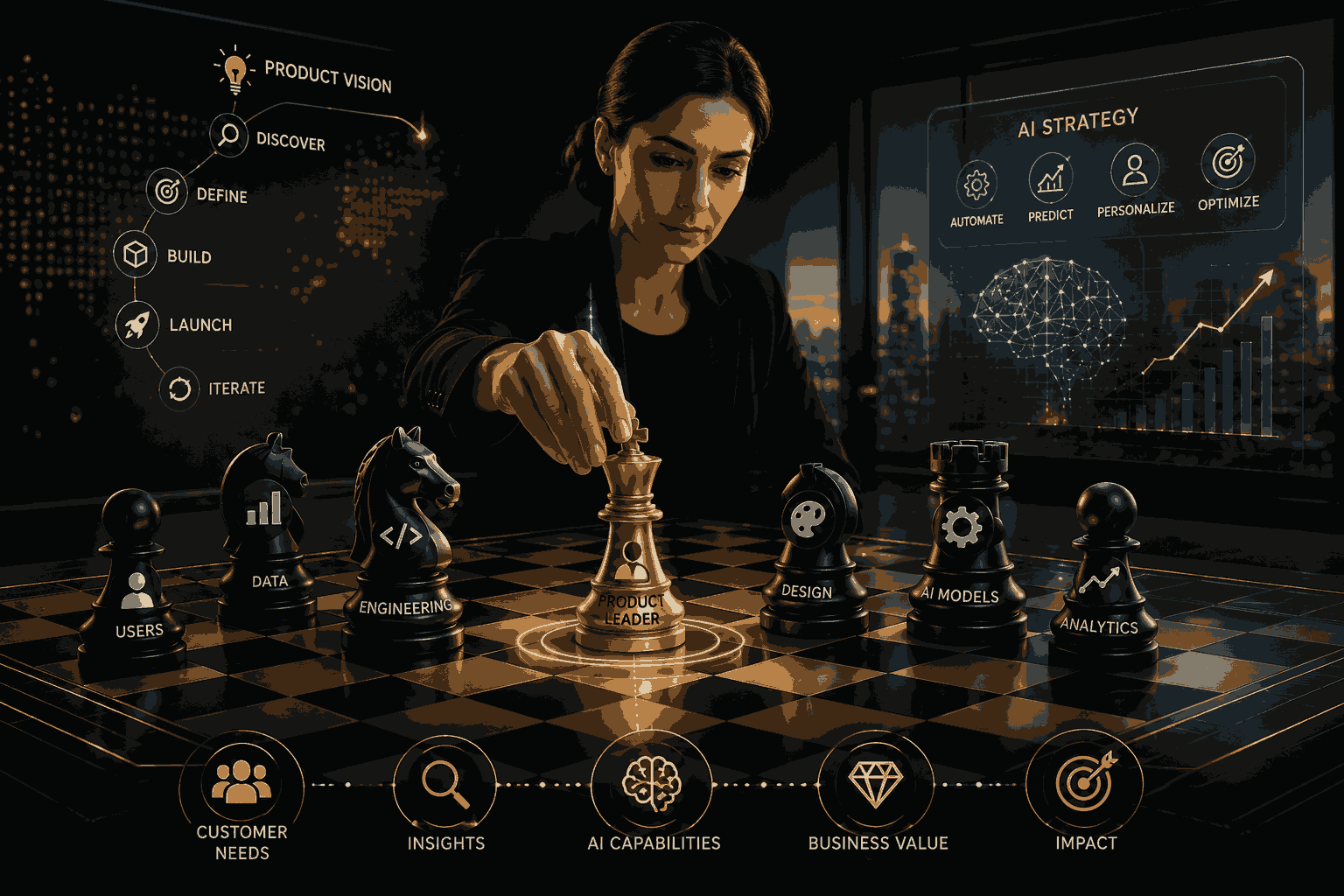 Product leadership for AI teams with strategy, innovation and smart decision making Illustration