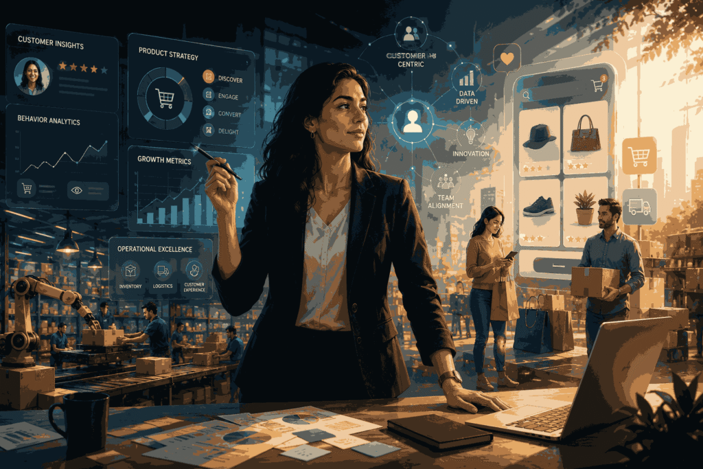 Product leadership in e-commerce driving customer experience, growth, and operations Illustration