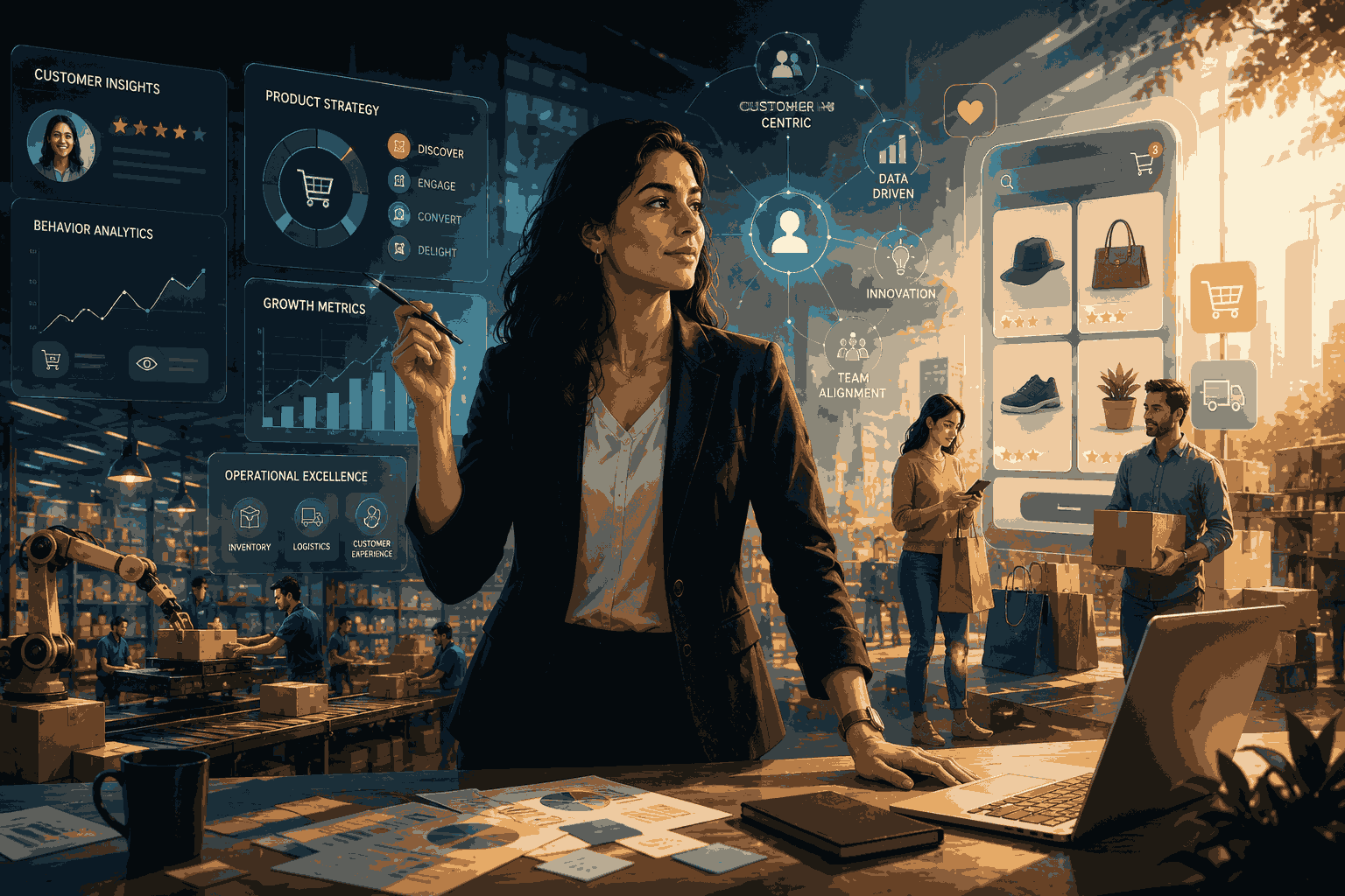 Product leadership in e-commerce driving customer experience, growth, and operations Illustration