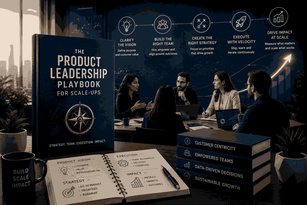 Product leadership team collaborating on growth strategy and scaling business operations Illustration